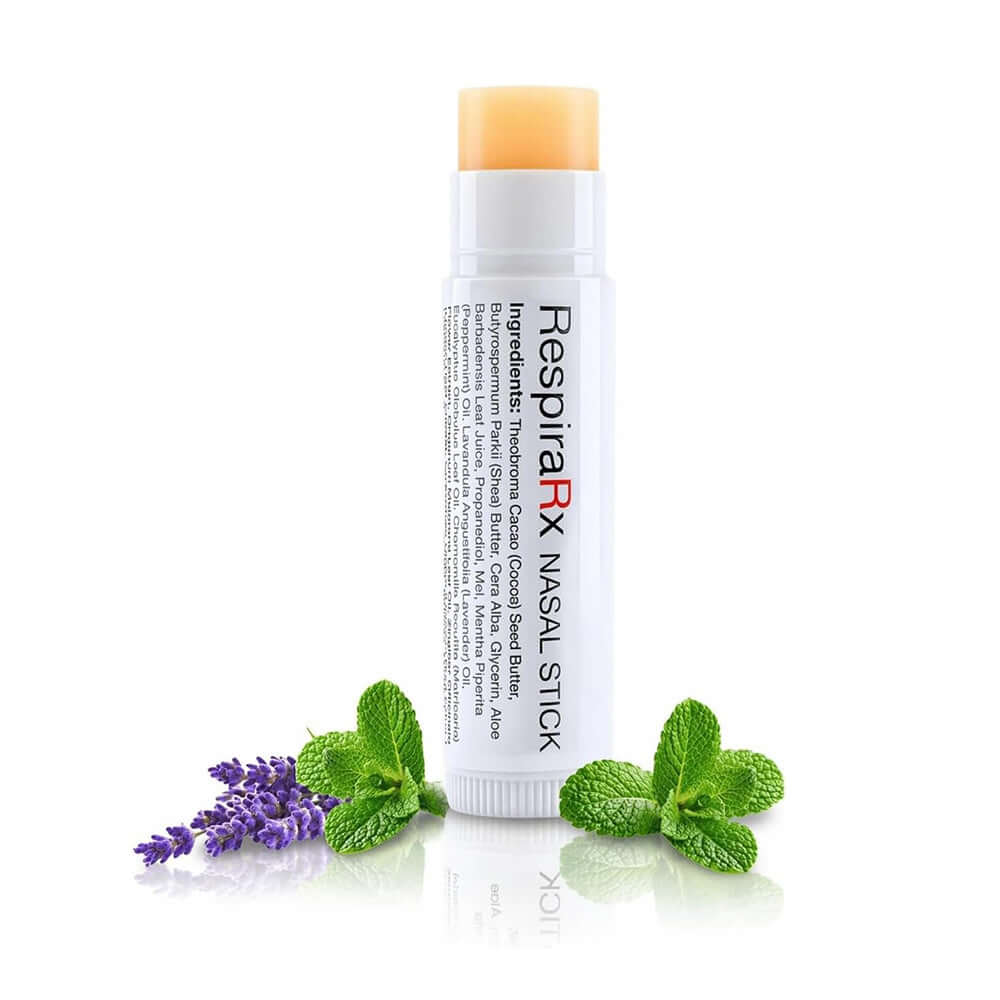 RespiraRx Nasal Stick - patented nasal balm for breathing with lavender and mint leaves.